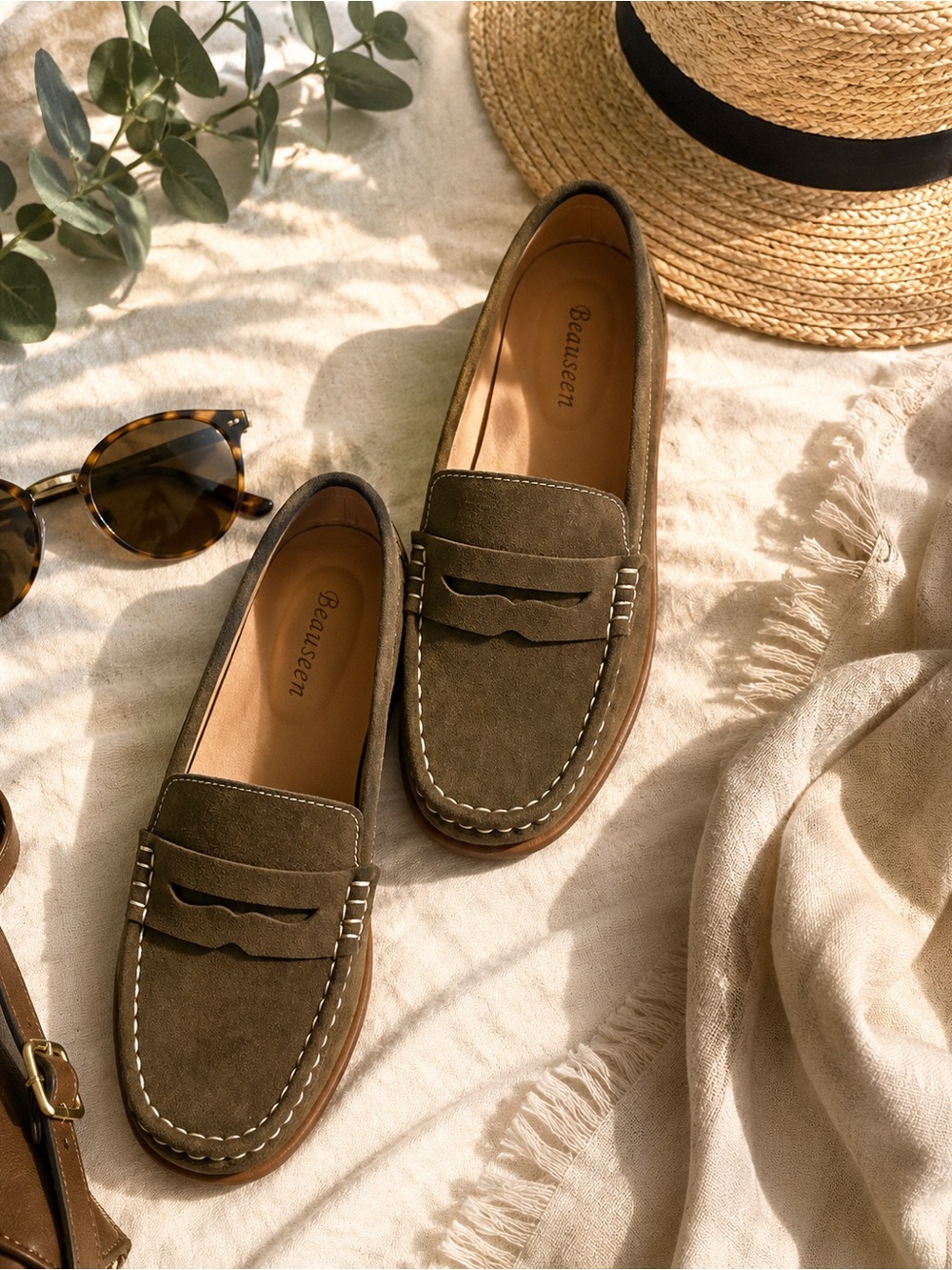 Women’s Suede Penny Loafers in Olive Brown
